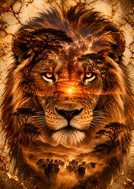 Lion with African Savannah Sunset