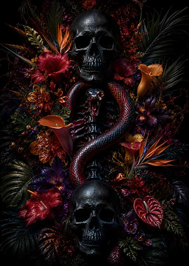 Skull and Snake with Tropical Flowers