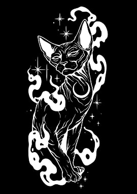 Mystical Sphynx Cat with Stars and Smoke
