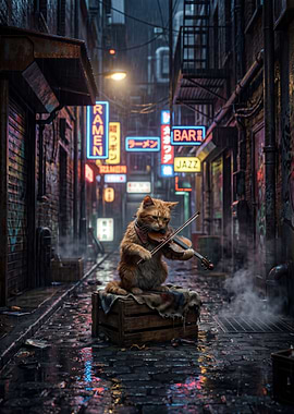 Cat playing violin in rainy alley