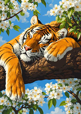 Tiger sleeping on a tree branch