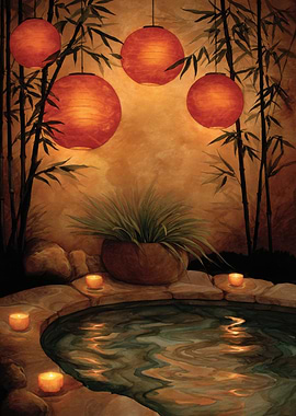 Twilight's Embrace: Lanterns in a Tranquil Zen Garden