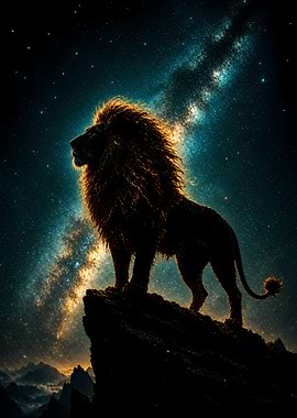 Lion on Cliff Under Stars