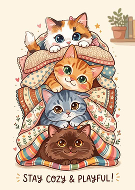 Four Cozy Kittens Under Blankets