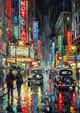 Rainy City Street at Night