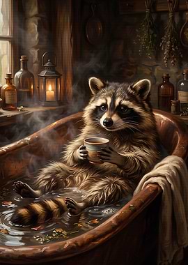 Raccoon enjoying a bath with tea