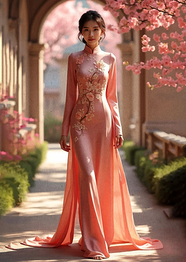 Woman in Pink Dress with Cherry Blossoms