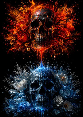Fire and Ice Skulls with Flowers