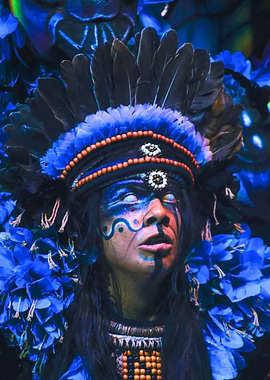 Person in elaborate blue headdress and face paint