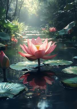 Serene Lotus Pond in Misty Forest
