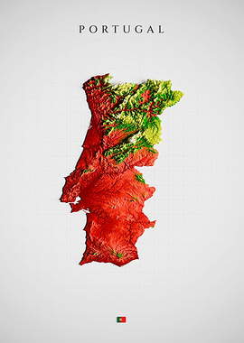Portugal Topographic Map - Color Shaded Relief, 3D Elevation Poster