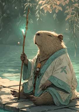 Capybara Monk with Magical Staff