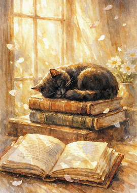 Sleeping Black Cat on Books