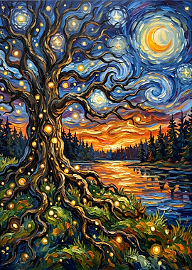 Enchanted Tree by a Starry Lake