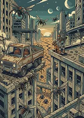 Post-apocalyptic scene with astronaut and giant insects