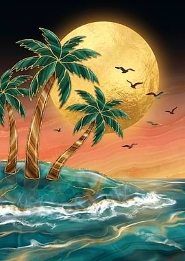 Tropical Sunset with Palm Trees and Ocean