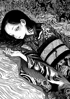 Melancholy Woman in Ornate Kimono by Water