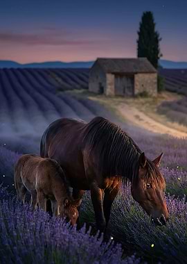 Horses in Lavender Field at Dusk