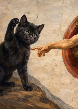 Black Kitten Reaching for God's Finger