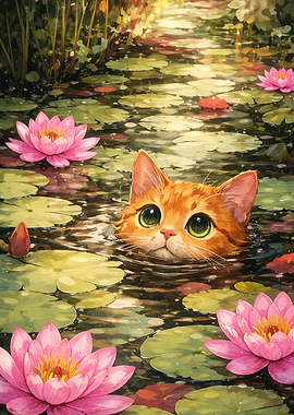 Cute Cat in a Lily Pond