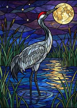 Stained Glass Crane and Moon