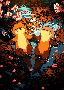 Two Otters Holding Hands in Water