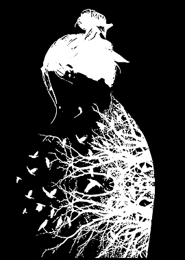 Woman with Birds and Tree Silhouette
