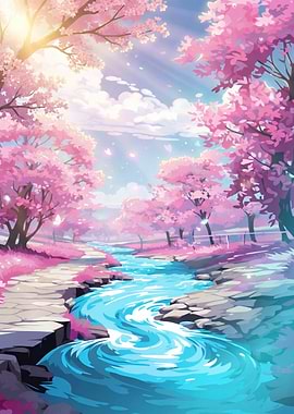 Serene Cherry Blossom River Landscape