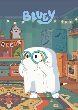 Bluey in a Ghost Costume with Glasses