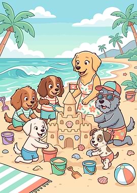 Dogs Building Sandcastle on Beach