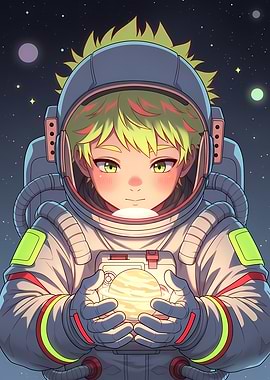 Anime Boy Astronaut Holding Glowing Planet in Cosmic Space Adventure