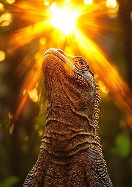 Iguana basking in golden sunlight