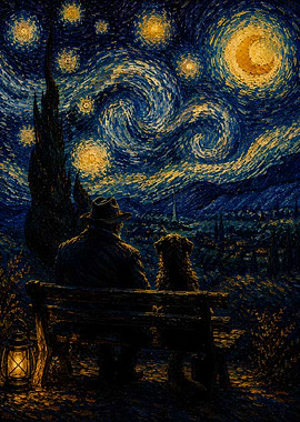 Man and Dog Watch Starry Night