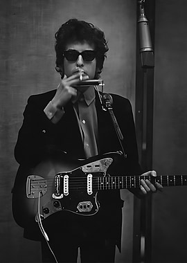 Bob Dylan playing harmonica and guitar