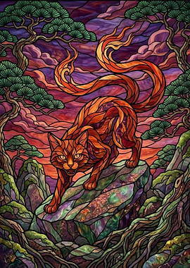 Stained Glass Fire Cat in Forest