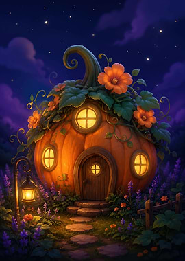 Enchanted Pumpkin House at Night