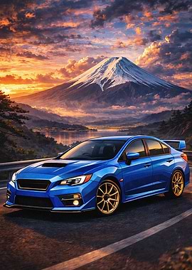 Blue WRX with Mount Fuji backdrop