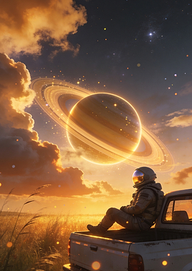 Astronaut Gazing at Saturn from a Truck