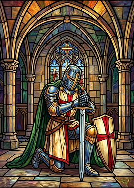 Knight Kneeling in Stained Glass Church