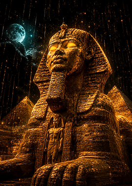 Golden Sphinx and Pyramids Under a Moonlit Sky