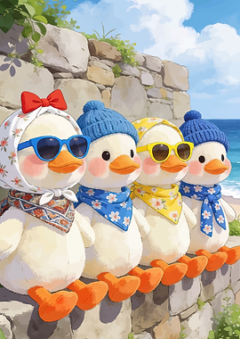 Four cute ducks on a wall by the sea