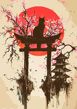Black Cat at Japanese Torii Gate