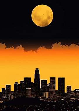 Cityscape at Dusk with Full Moon