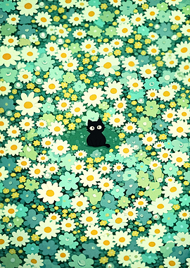 Black Cat in a Field of Flowers