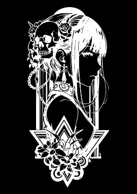 Gothic Anime Girl with Skull and Flowers