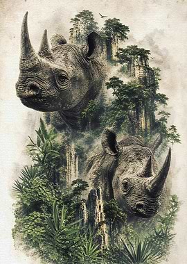 Rhinos in a Misty Forest Landscape