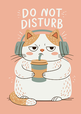 Grumpy Cat with Coffee and Headphones