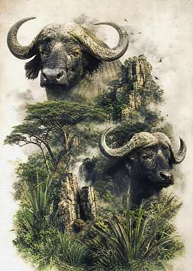 African Buffaloes in Misty Mountains