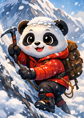 Cute Panda Climbs Snowy Mountain