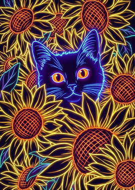 Neon Cat Among Sunflowers
